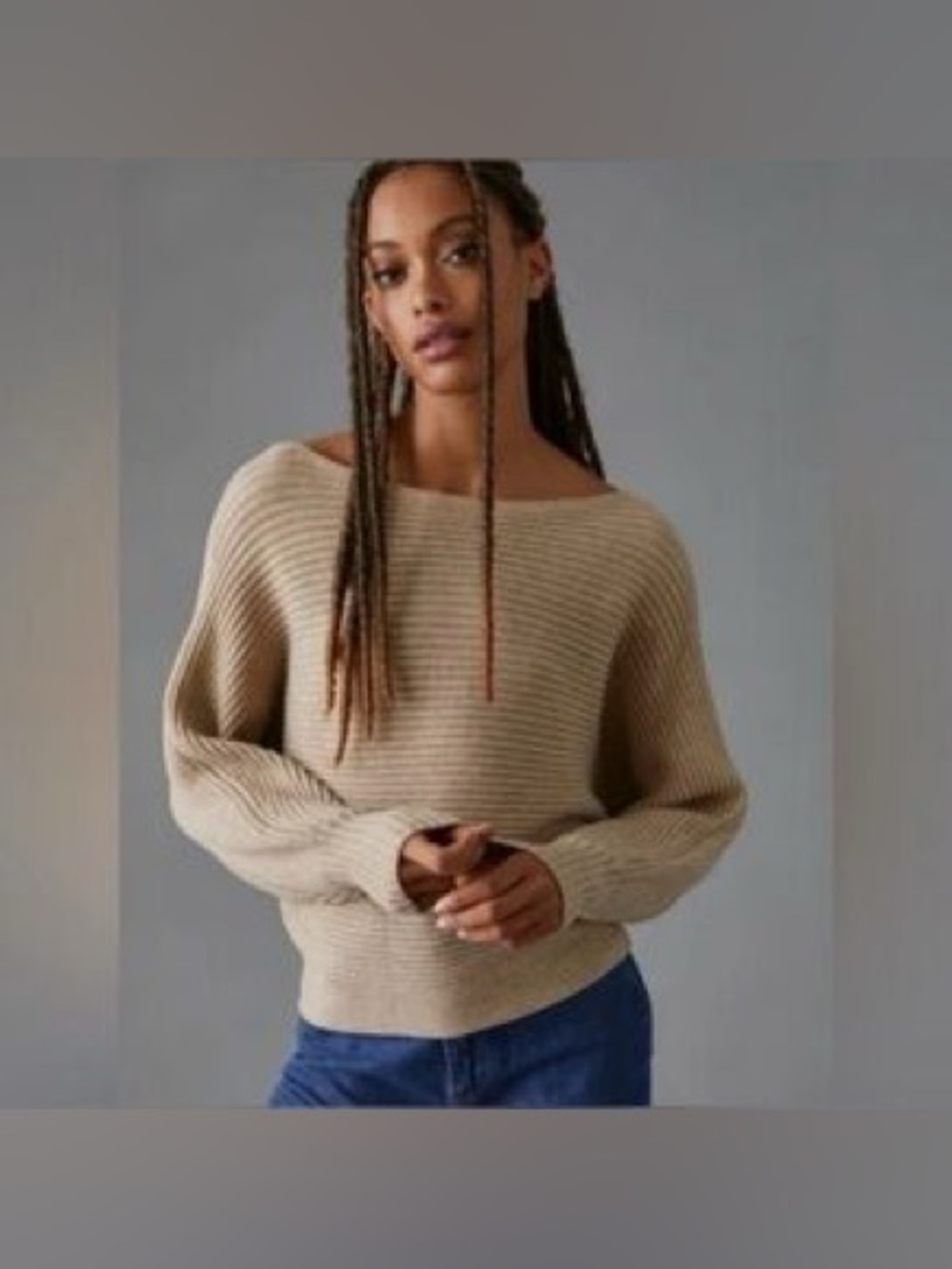 By Anthropologie Ribbed Pullover Sweater Beige Off Shoulder Neutral Size Medium